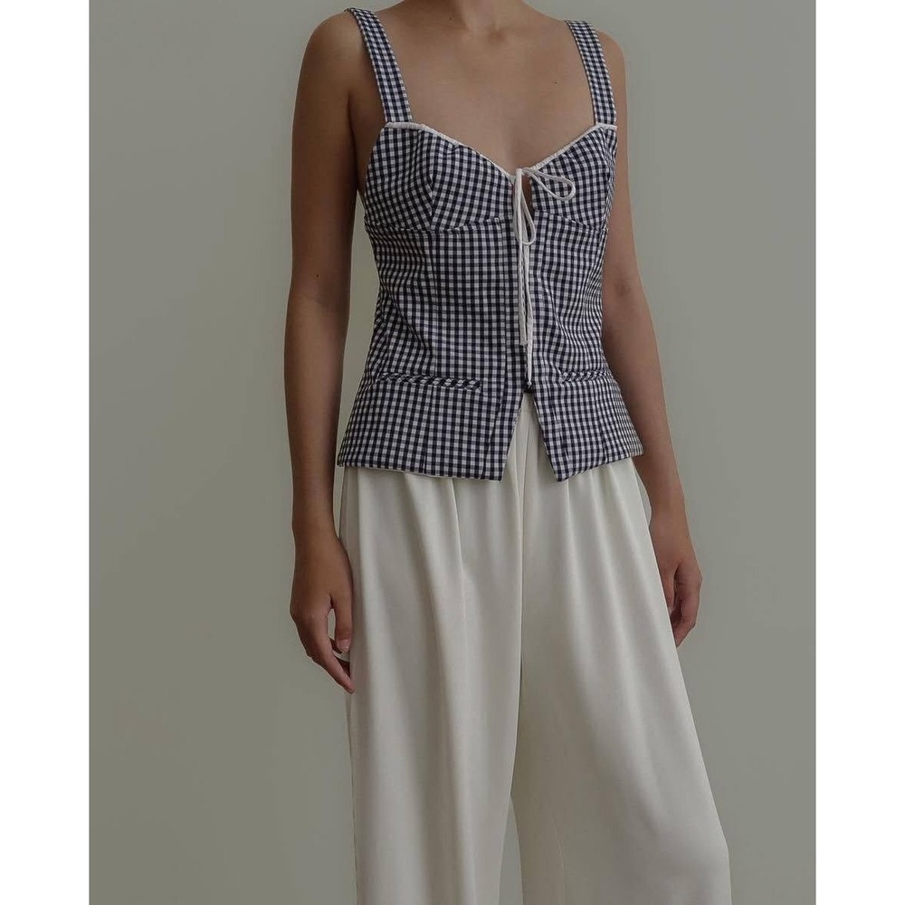 Zara Gingham Corset Top Black White Sweetheart Neck Bow Front Large L
